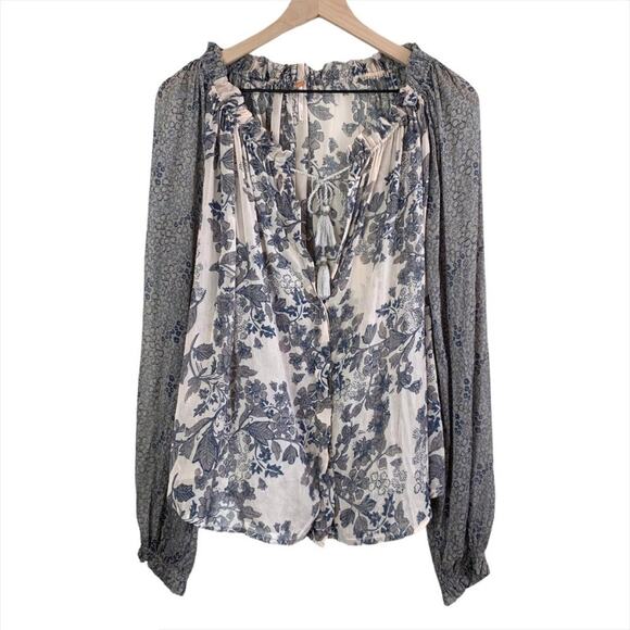 FREE PEOPLE Tassel Top Neutral Cream Floral Blouse Top Shirt – Small - Picture 5 of 13